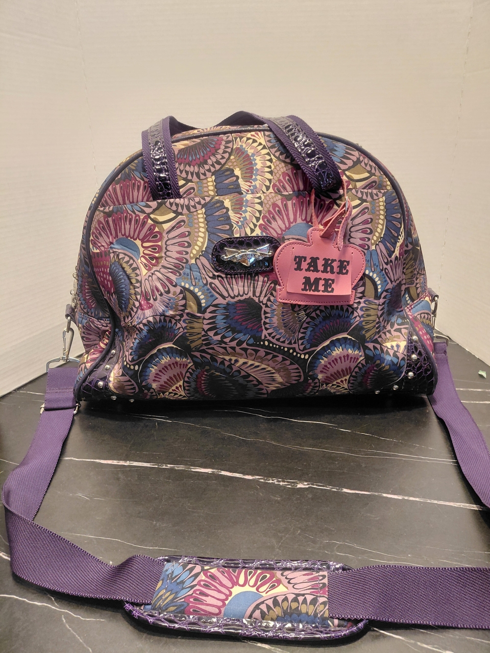 Kathy Van Zeeland Purple Floral Dome Satchel with Pink Charm
